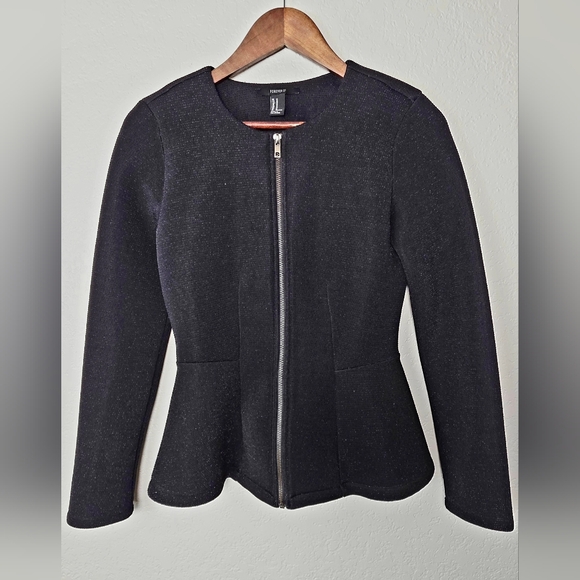 Forever 21 Dressy Black Shimmer Peplum Hem Scuba Sparkle Jacket - Size Medium - Picture 4 of 12